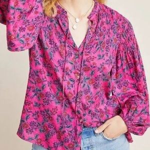 Anthropologie Maeve 3X Pink Floral Smocked Blouse $110